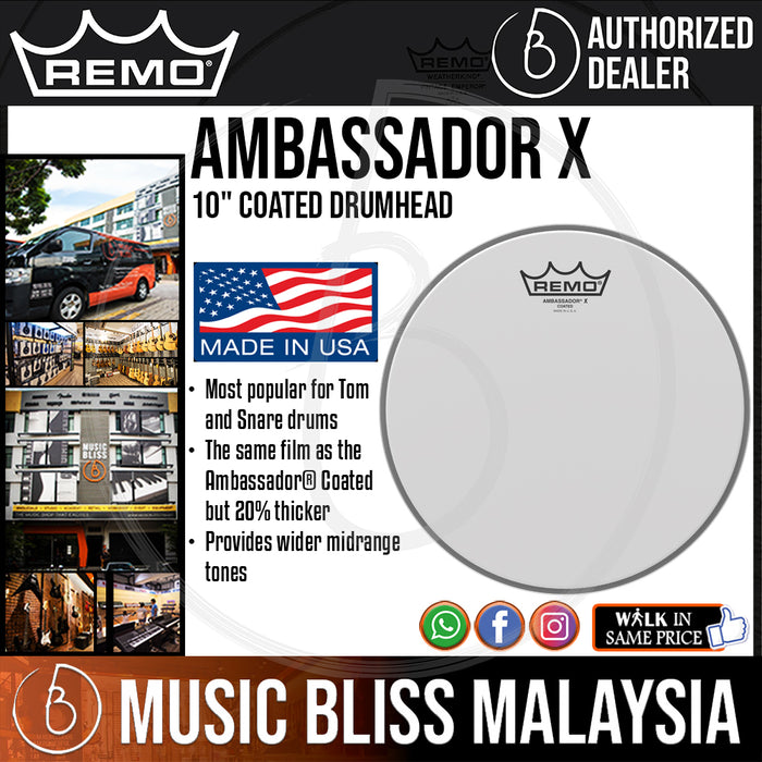 Remo Ambassador X Coated Drumhead - 10" (AX-0110-00 AX011000 AX 0110 00) - Music Bliss Malaysia