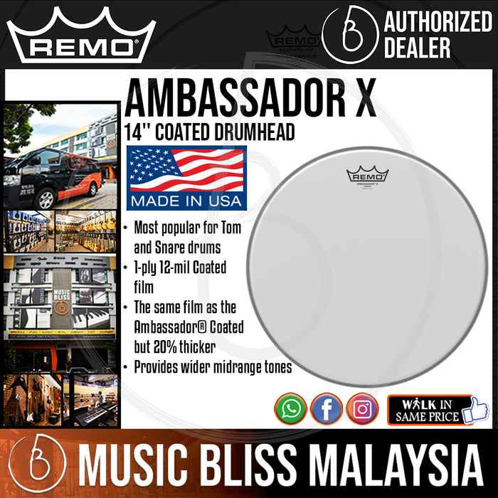 Remo Ambassador X Coated Drumhead - 14" (AX-0114-00 AX011400 AX 0114 00) - Music Bliss Malaysia