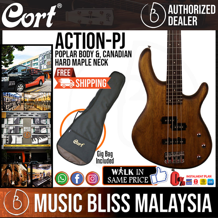 Cort Action PJ Electric Bass Guitar with Bag - Open Pore Black Walnut (ActionPJ Action-PJ) - Music Bliss Malaysia