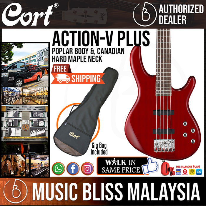 Cort Action Bass V Plus Bass Guitar with Bag - Trans Red (Action V Plus) - Music Bliss Malaysia