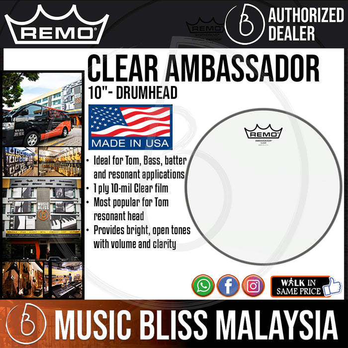 Remo Clear Ambassador Drumhead - 10" (BA-0310-00 BA031000 BA 0310 00) - Music Bliss Malaysia
