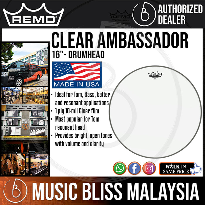 Remo Clear Ambassador Drumhead - 16" (BA-0316-00 BA031600 BA 0316 00) - Music Bliss Malaysia