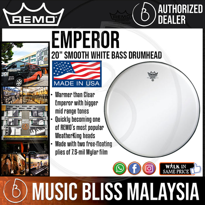 Remo Emperor Smooth White Bass Drumhead - 20" (BB-1220-00 BB122000 BB 1220 00) - Music Bliss Malaysia
