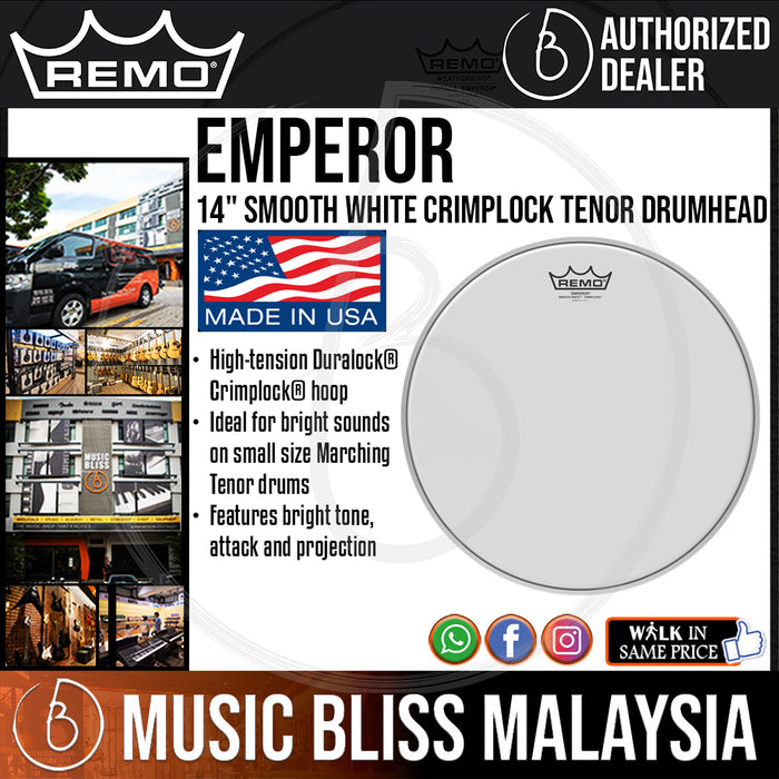 Remo Emperor Smooth White Crimplock Tenor Drumhead - 14'' (BE-0214-MP BE0214MP BE 0214 MP) - Music Bliss Malaysia