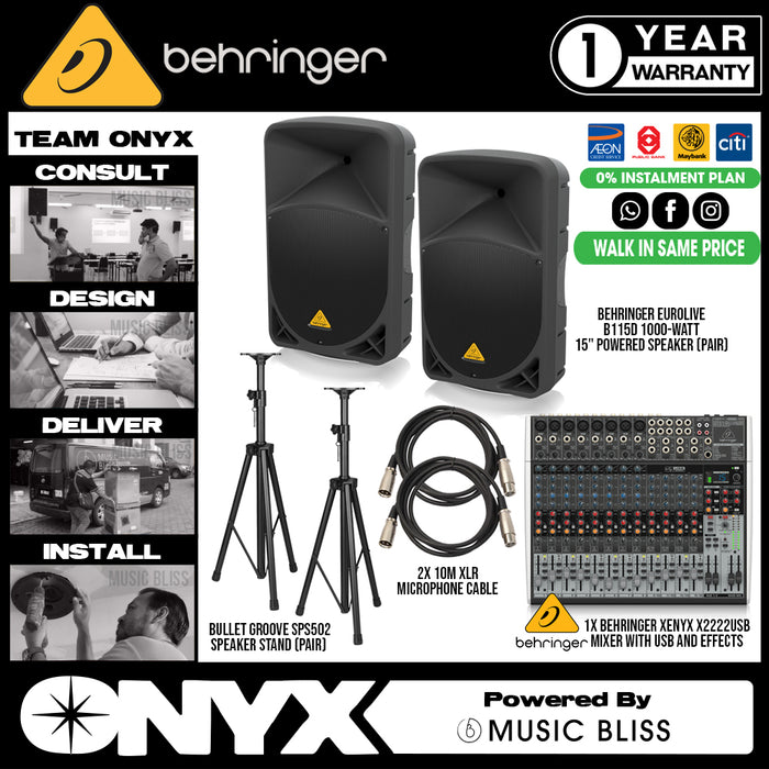 Live Band Package Behringer Xenyx X1222USB Mixer, Behringer Eurolive B115D 1000 watts Powered Speakers with XLR cables and Speaker stands - Music Bliss Malaysia