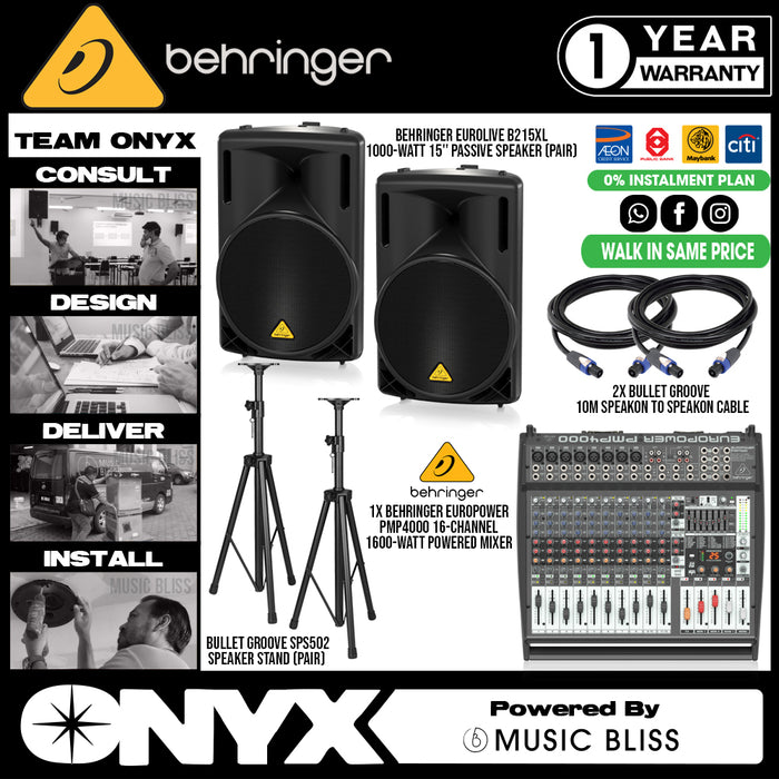 Live Band Package Behringer Europower PMP4000 Powered Mixer, Behringer Eurolive B215XL Passive Speakers with Speaker cables and Speaker stands - Music Bliss Malaysia