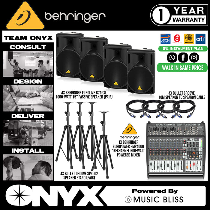 Live Band Package Behringer Europower PMP4000 Powered Mixer, Behringer Eurolive B215XL Passive Speakers (2 pairs) with Speaker cables and Speaker stands - Music Bliss Malaysia