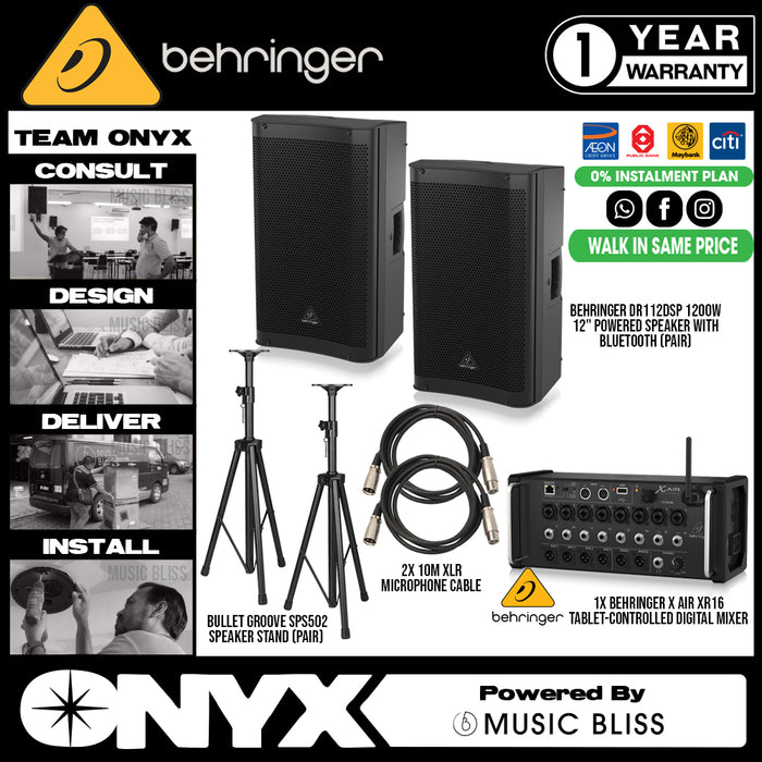 Live Band Package Behringer X Air XR16 Digital Mixer, Behringer DR112DSP 1200 watts Powered Speakers with Bluetooth with XLR cables and Speaker stands - Music Bliss Malaysia