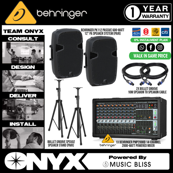 Live Band Package Behringer PMP2000D Mixer, Behringer PK112 Passive Speakers with Speaker cables and Speaker stands - Music Bliss Malaysia