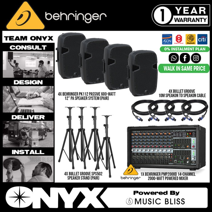 Live Band Package Behringer PMP2000D Powered Mixer, Behringer PK112 Passive Speakers (2 pairs) with Speaker cables and Speaker stands - Music Bliss Malaysia
