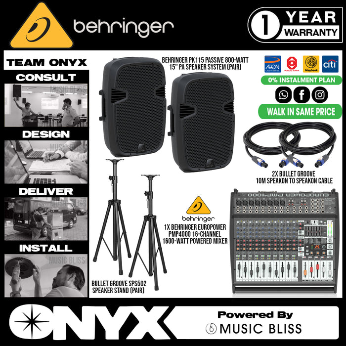 Live Band Package Behringer Europower PMP4000 Powered Mixer, Behringer PK115 Passive Speakers with Speaker cables and Speaker stands - Music Bliss Malaysia