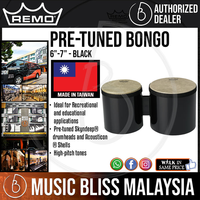 Remo Pre-Tuned Bongo - 6"-7" - Black (BG-5300-70 BG530070 BG 5300 70) - Music Bliss Malaysia