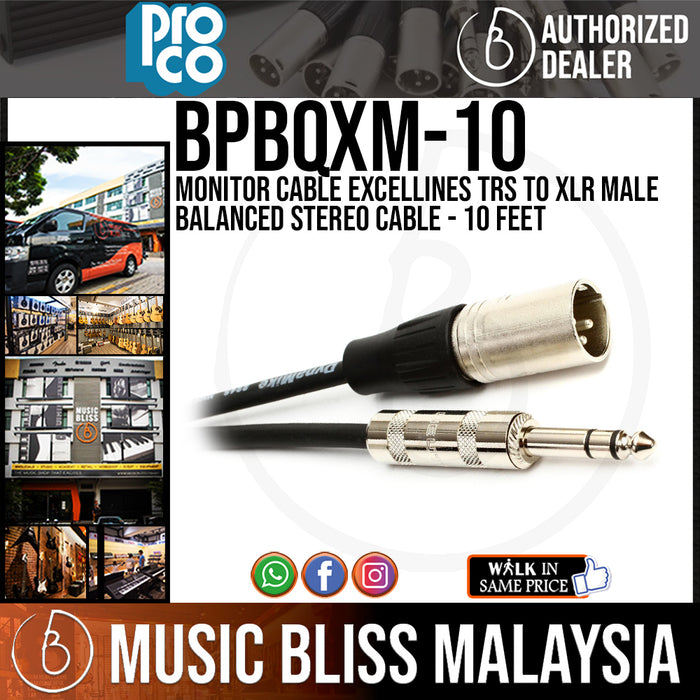 Pro Co Studio Monitor Cable BPBQXM10 Excellines TRS to XLR Male