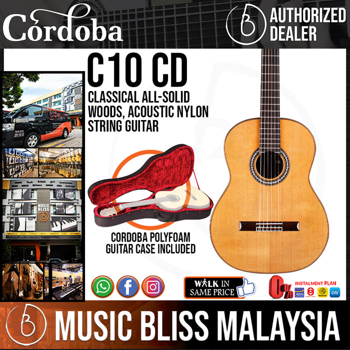 Cordoba C10 CD - Solid Canadian Cedar Top, Solid Rosewood Back & Sides, With Cordoba Polyfoam Guitar Case (Full Solid) (C10CD) - Music Bliss Malaysia