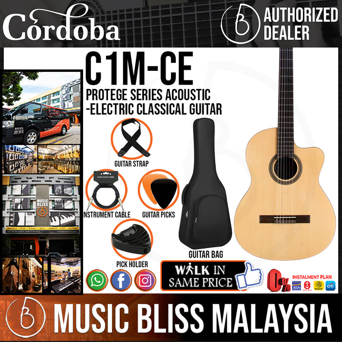 Cordoba Protege C1M-CE - Spruce Top, Mahogany Back & Sides with Pickup, Full Sized Best Budget Classical Guitar For Beginners/Students/Starters, Entry Level Electric-Classical Guitar - Music Bliss Malaysia