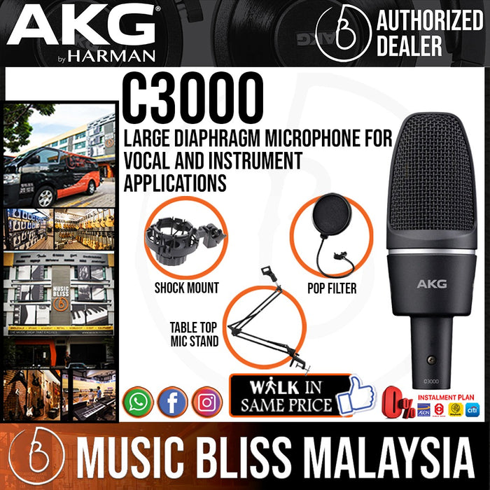 AKG C3000 Large Diaphragm Microphone For Vocal and Instrument Applications with Pop Filter and Condenser Mic Holder *Everyday Low Prices Promotion* - Music Bliss Malaysia