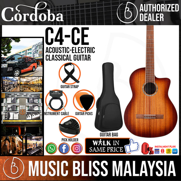 Cordoba C4-CE - Edgeburst Solid Mahogany Top, Mahogany Back & Sides with Pickup, Budget Electro-Classical Guitar - Music Bliss Malaysia