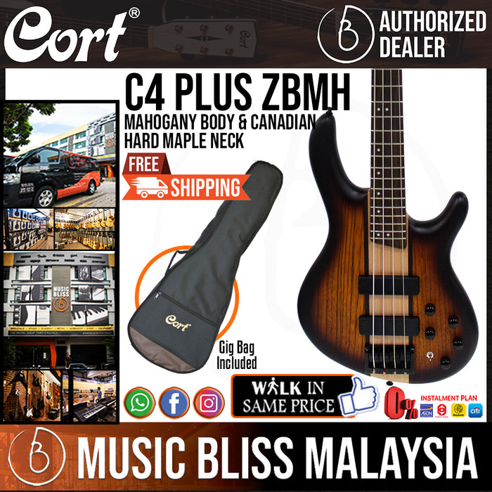 Cort C4 Plus ZBMH Electric Bass Guitar with Bag - Open Pore Tabacco Burst - Music Bliss Malaysia