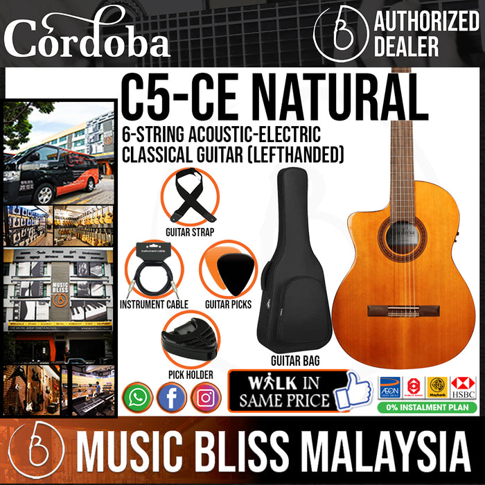 Cordoba C5-CE Cedar Left-Handed with Free Classical Guitar Bag - Solid Canadian Cedar Top, Mahogany Back & Sides with Pickup (C5CE), Mid Range Electric-Classical Guitar - Music Bliss Malaysia