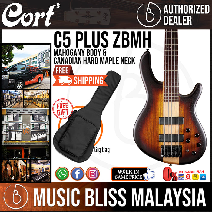 Cort C5 Plus ZBMH Electric Bass Guitar with Bag - Open Pore Tabacco Burst - Music Bliss Malaysia
