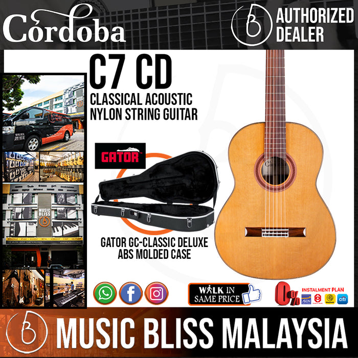 Cordoba C7 CD W/GC - Solid Canadian Cedar Top, Rosewood Back & Sides With Guitar Case (C7CD), Best Classical Guitar For Intermediate Players - Music Bliss Malaysia