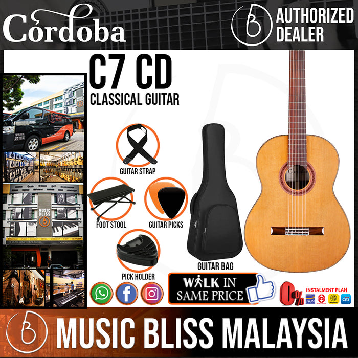 Cordoba C7 CD Guitar Pack - Solid Canadian Cedar Top, Rosewood Back & Sides, Best Classical Guitar For Intermediate Players - Music Bliss Malaysia