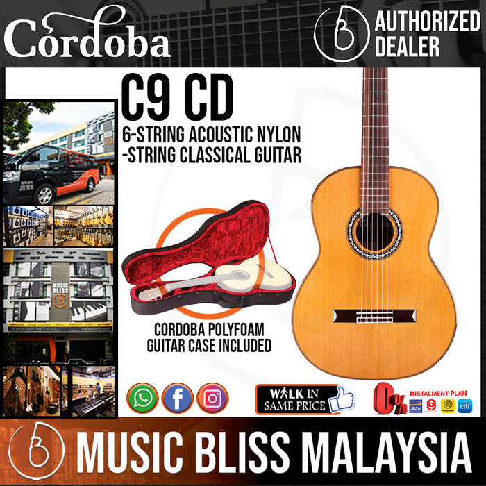 Cordoba C9 CD - Solid Canadian Cedar Top, Solid African Mahogany Back & Sides, With Cordoba Polyfoam Guitar Case (Full Solid) (C9CD) - Music Bliss Malaysia