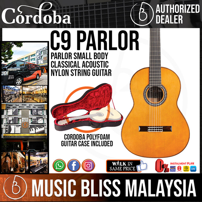 Cordoba C9 Parlor 7/8 - Solid Canadian Cedar Top, Solid African Mahogany Back & Sides, With Cordoba Polyforam Guitar Case (Full Solid) (C9Parlor) - Music Bliss Malaysia