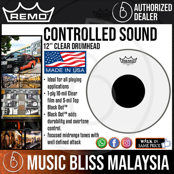 Remo Controlled Sound Clear Drumhead - 12" - with Black Dot (CS-0312-10 CS031210 CS 0312 10) - Music Bliss Malaysia
