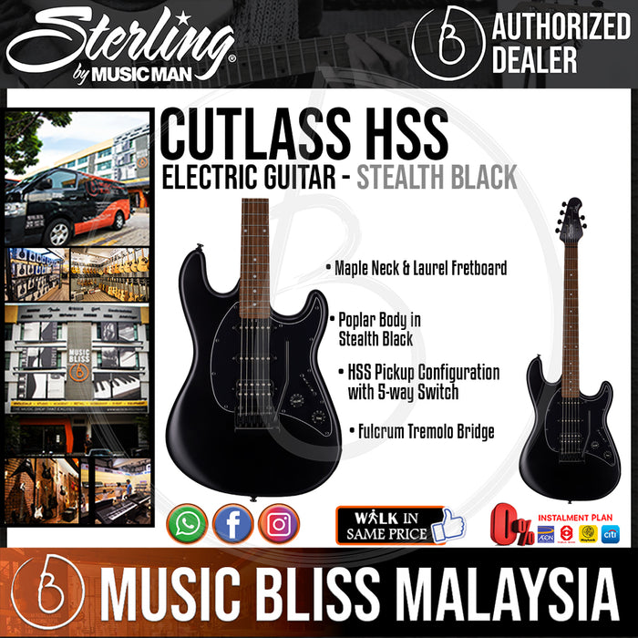Sterling Cutlass HSS Electric Guitar - Stealth Black - Music Bliss Malaysia