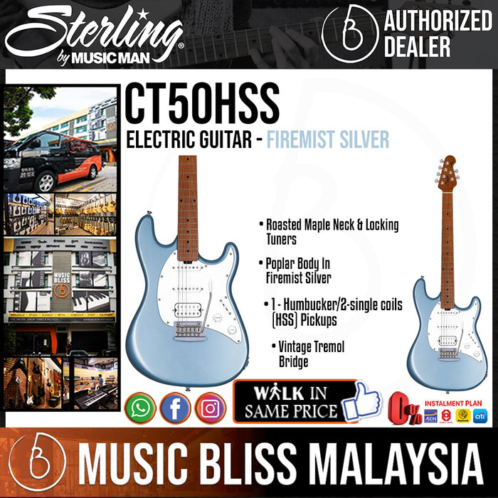 Sterling Cutlass CT50HSS Electric Guitar - Firemist Silver - Music Bliss Malaysia