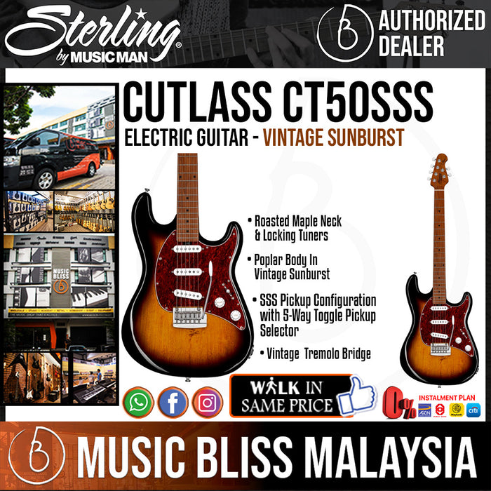 Sterling Cutlass CT50SSS Electric Guitar - Vintage Sunburst - Music Bliss Malaysia