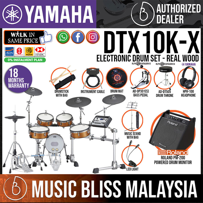 Yamaha DTX10K-X Electronic Drum Set with Roland PM-200 Drum Monitor and Yamaha HPH-100 Headphone - Real Wood - Music Bliss Malaysia