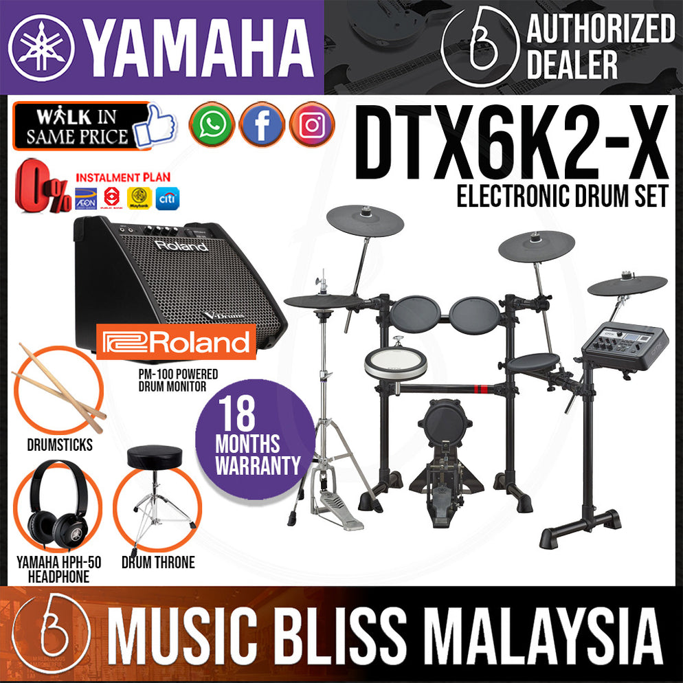 Yamaha DTX6K2X Electronic Drum Set with Roland PM100 Drum Monitor and