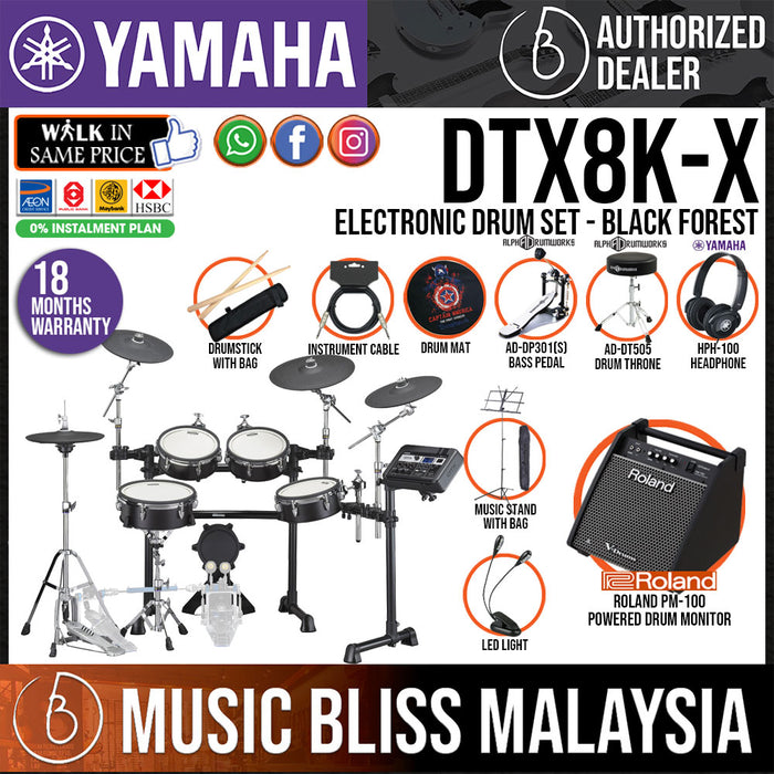 Yamaha DTX-8K-X Electronic Drum Set with Roland PM-100 Drum Monitor and Yamaha HPH-100 Headphone - Black Forest - Music Bliss Malaysia