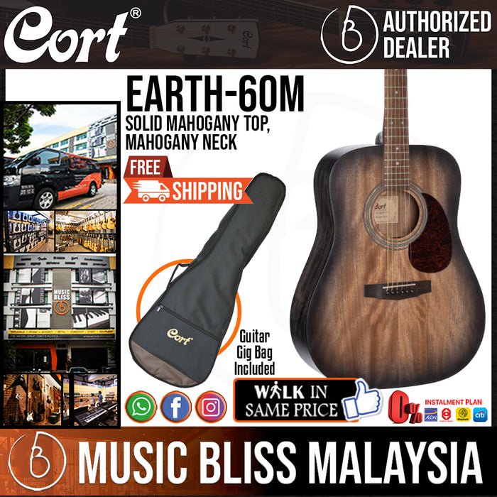 Cort Earth-60M Acoustic Guitar with Bag - Open Pore Black Burst - Music Bliss Malaysia