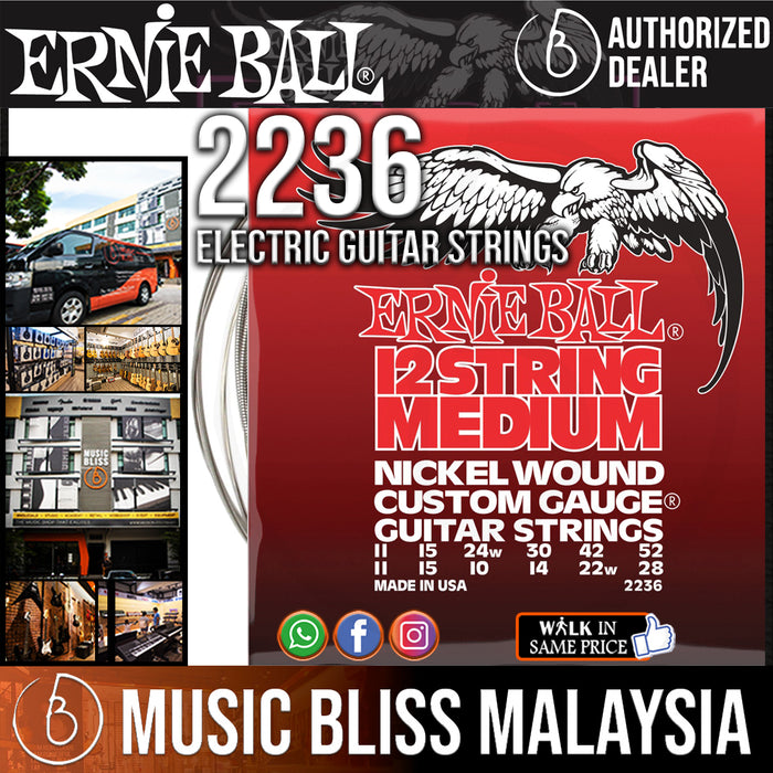 Ernie Ball 2236 Medium 12-string Nickel Wound Custom Gauge Electric Strings (11-52) - Music Bliss Malaysia