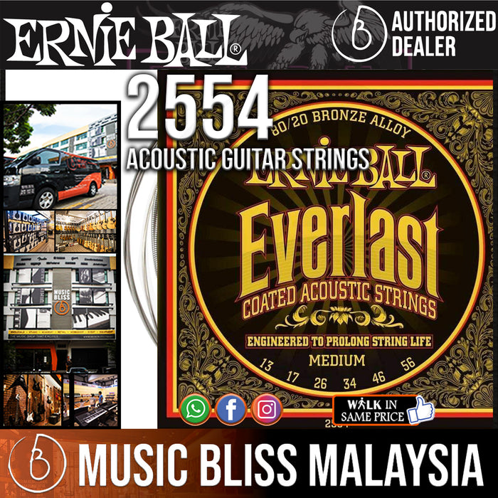 Ernie Ball 2554 Medium Everlast Coated 80/20 Bronze Acoustic Strings (13-56) - Music Bliss Malaysia