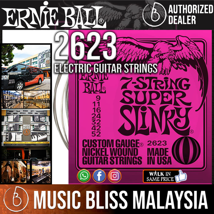 Ernie Ball 2623 Super Slinky 7-string Nickel Wound Electric Guitar Strings (9-52) - Music Bliss Malaysia