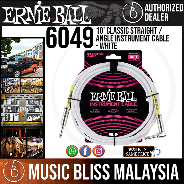 Ernie Ball 6049 10' Classic Straight / Angle Instrument Cable - White (P06049) - Music Bliss Malaysia