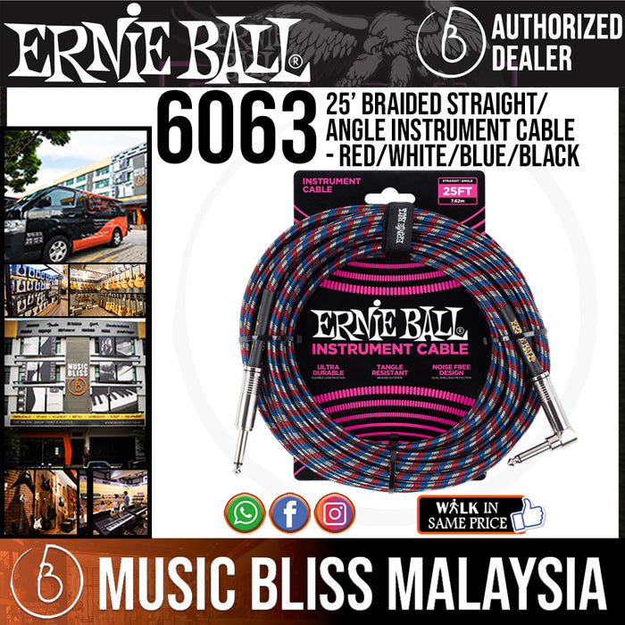 Ernie Ball 6063 25 Feet Braided Straight/Angle Instrument Cable - Red/White/Blue/Black (P06063) - Music Bliss Malaysia
