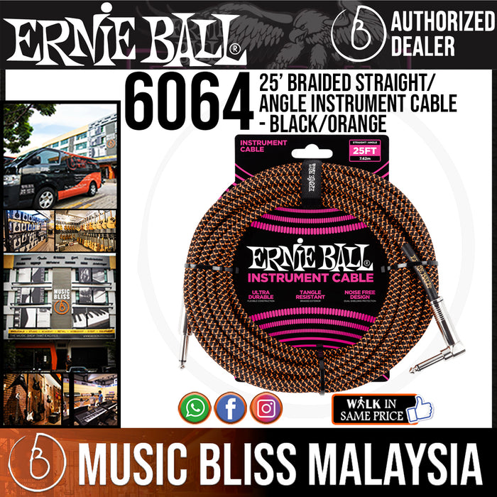 Ernie Ball 6064 25 Feet Braided Straight/Angle Instrument Cable - Black/Orange (P06064) - Music Bliss Malaysia