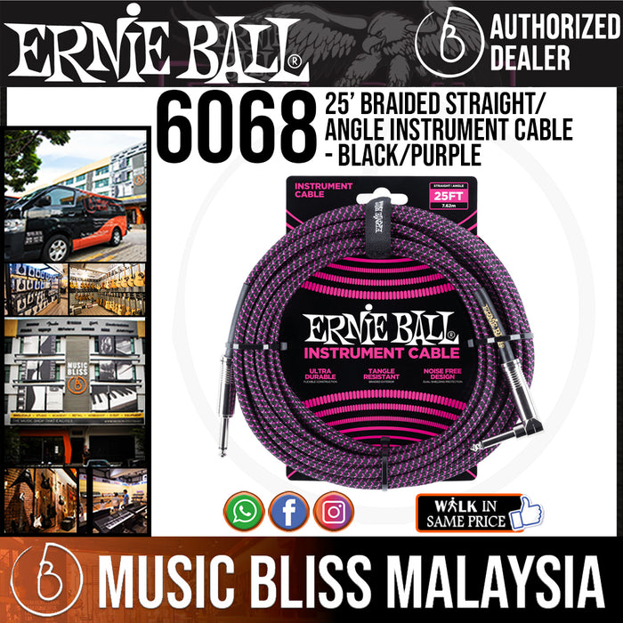 Ernie Ball 6068 25 Feet Braided Straight/Angle Instrument Cable - Black/Purple (P06068) - Music Bliss Malaysia