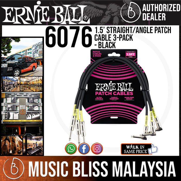 Ernie Ball 6076 1.5 Feet Straight/Angle Patch Cable 3-Pack - Black (P06076) - Music Bliss Malaysia