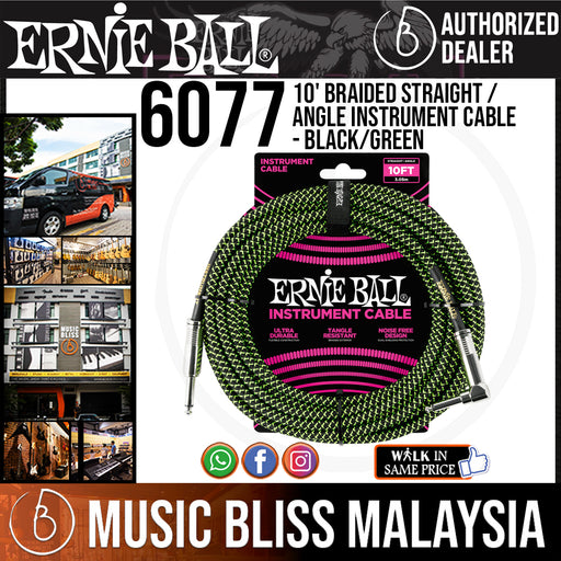 Ernie Ball 6077 10' Braided Straight / Angle Instrument Cable -  Black/Green (P06077) - Music Bliss Malaysia
