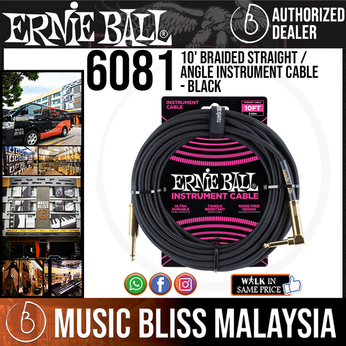 Ernie Ball 6081 10' Braided Straight / Angle Instrument Cable -  Black (P06081) - Music Bliss Malaysia