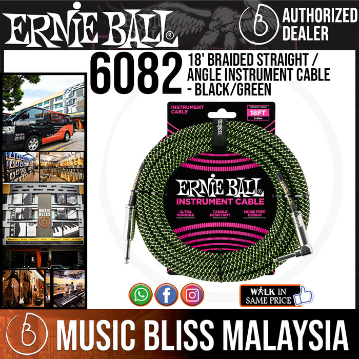 Ernie Ball 6082 18' Braided Straight / Angle Instrument Cable - Black/Green (P06082) - Music Bliss Malaysia