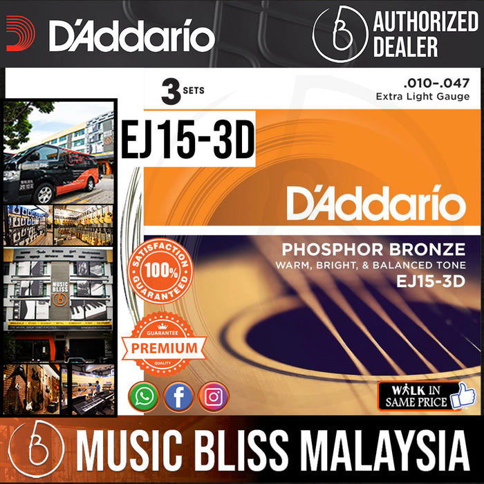 D’Addario EJ15-3D Phosphor Bronze Extra Light Acoustic Strings -.010-.047 (3-Pack) - Music Bliss Malaysia