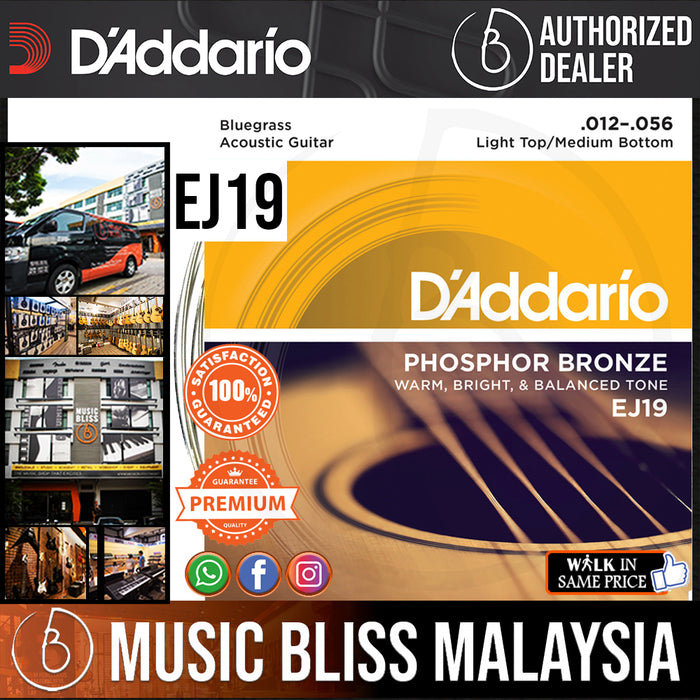 D'Addario EJ19 Phosphor Bronze Bluegrass Light Top/Medium Bottom Acoustic Strings-.012-.056 - Music Bliss Malaysia