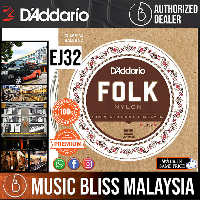D’Addario EJ32 Folk Nylon Classical Strings, Ball End, Silver Wound/Black Nylon Trebles - Music Bliss Malaysia
